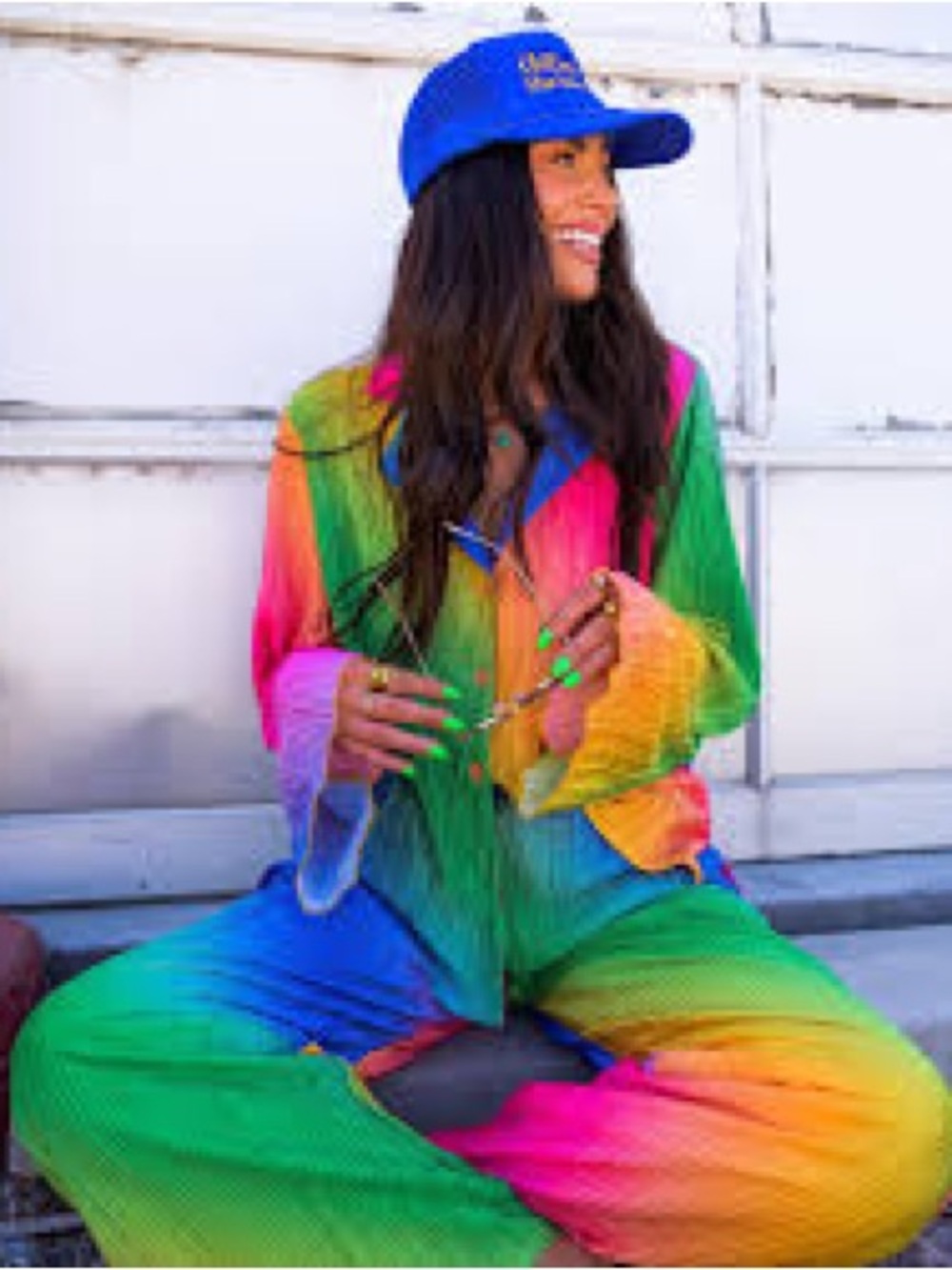 Dressed in Lala Rainbow Daydream plissé pleated top with matching pants  Size L